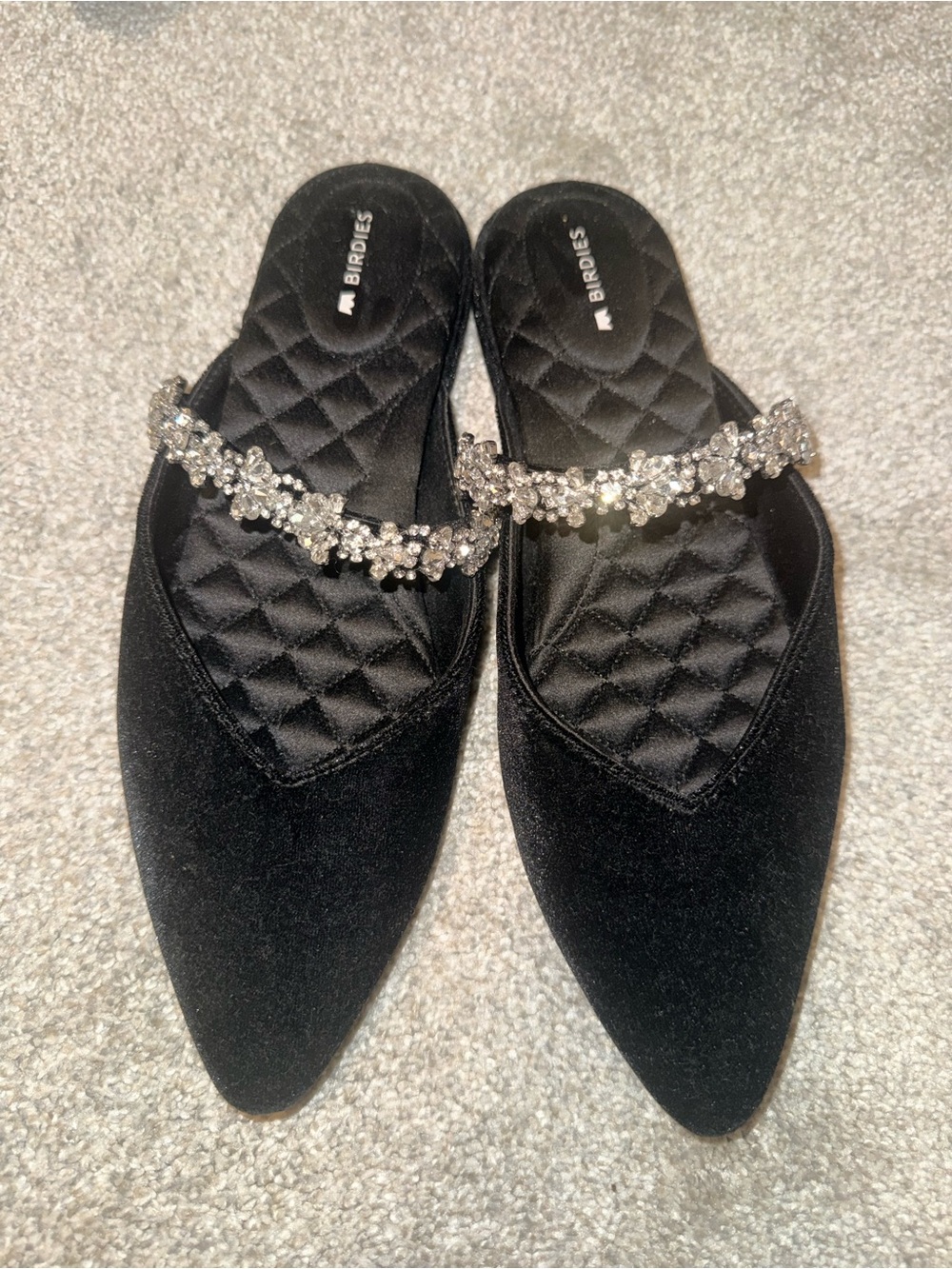 Birdies Black Velvet Crystal-Embellished Slip-On Flats size 8